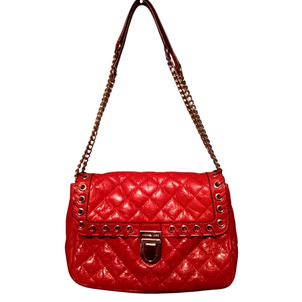 Michael Kors Red & Gold Sloan Hippie Grommet Quilted Shoulder Bag